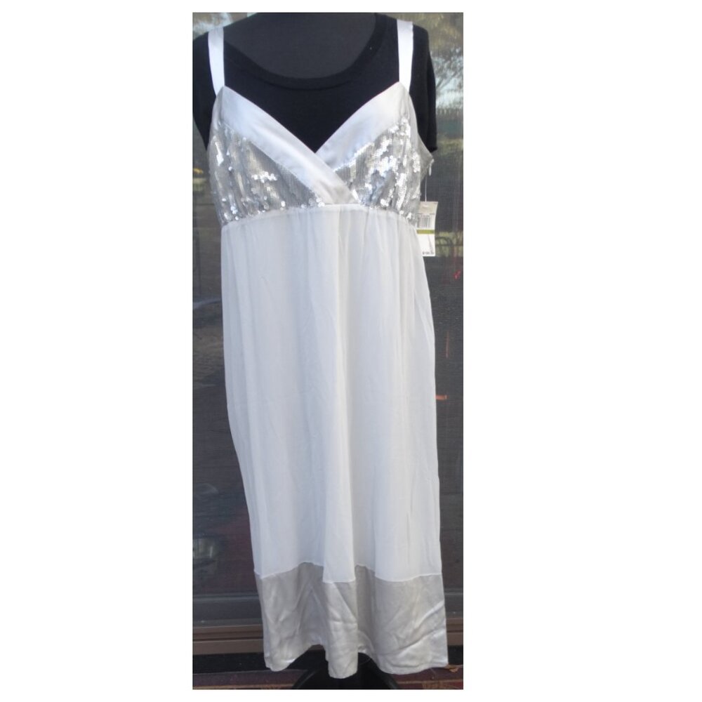 NEW Michael Kors Holiday Silver Sequin Midi Dress Size 14, 100% silk,straps $169